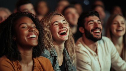 A diverse group of people from various backgrounds, laughing and enjoying a comedy show together, sharing moments of joy and genuine amusement in a lively, fun atmosphere.