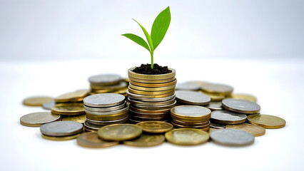 A small tree grows from a pile of coins, symbolizing finance and growth. and the connection between nature and finance.