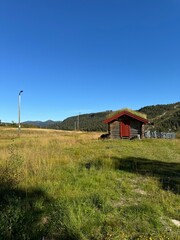 A green-roofed cottage in a field in Norway.