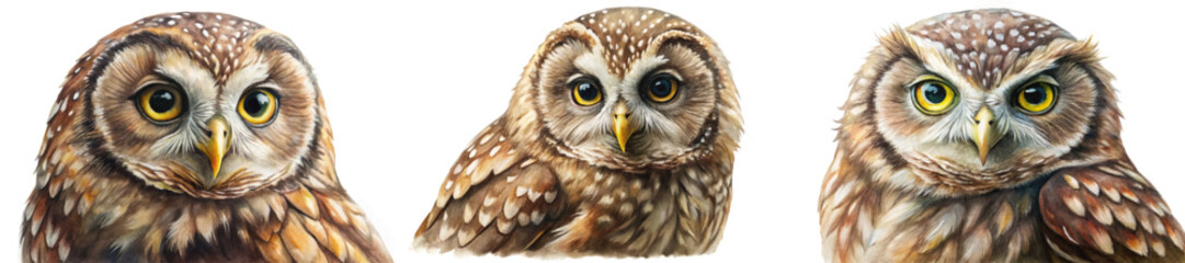 Realistic owl portraits, detailed feathers, vibrant eyes, wildlife illustration, nature art, animal lovers, decorative prints.