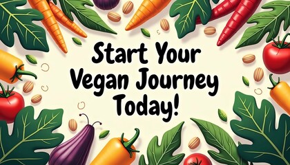 Vector illustration of various vegetables and nuts along with a message that reads: "Start Your Vegan Journey Today!", colorful vegan theme concept 