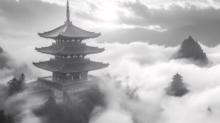 Fototapeta premium A mystical mountain temple floating above stormy clouds