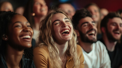 Fototapeta premium A diverse group of people from various backgrounds, laughing and enjoying a comedy show together, sharing moments of joy and genuine amusement in a lively, fun atmosphere.