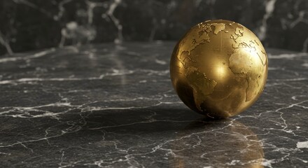 Gleaming golden world globe resting on an elegant marble surface