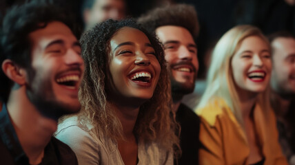 Fototapeta premium A diverse group of people from various backgrounds, laughing and enjoying a comedy show together, sharing moments of joy and genuine amusement in a lively, fun atmosphere.