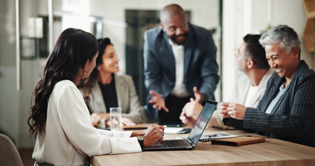 Office, corporate and business people with laptop for meeting, investment project and discussion....