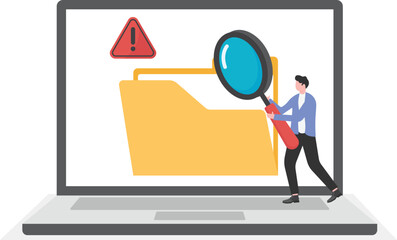 Young man use magnifying glass to find and lost data in empty folder, cyber data security online, Internet security & protection idea,

