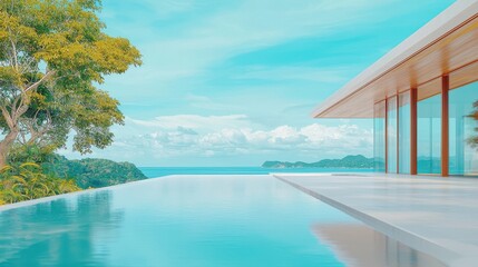 Fototapeta premium Contemporary villa with an infinity pool overlooking a tranquil ocean view.