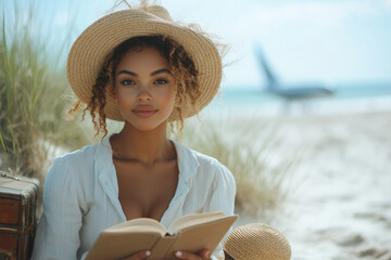 A woman sits on the sand reading a book, a suitcase and straw hat beside her, with an airplane in the distance over the calm sea. Perfect for travel, relaxation, and lifestyle themes