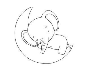 Baby elephant sleep on moon, vector line illustration for coloring page, Safari animal, outline drawing
