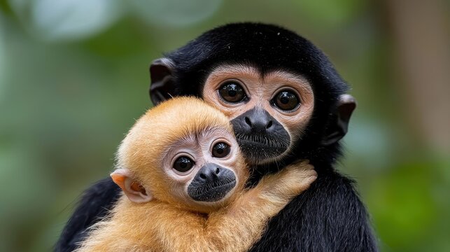 Caring gibbons nurturing their young in lush rainforest habitat close-up shot nature's tender moments