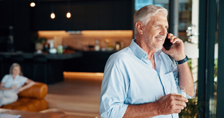 Smile, drink and phone call with old man and window for good news, positive health test and glass....