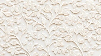 A subtle, textured wallpaper featuring intricate floral and vine designs in soft, creamy tones.