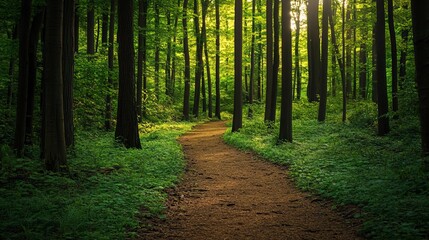 Fototapeta premium Pathway through a lush green forest with tall trees peaceful woodland trail