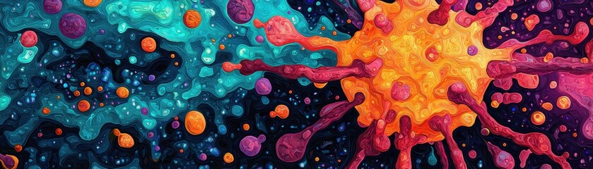 Obraz premium Vibrant Abstract Art with Colorful Blob Shapes and Circular Patterns Radiating Energy and Motion