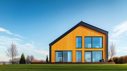 Obraz premium Modern yellow house with large windows surrounded by green grass and clear blue sky.