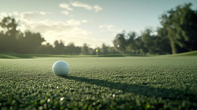 Golf ball near the hole on a wellmanicured golf course leisure and sports theme