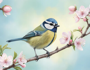 Obraz premium • A realistic watercolor illustration of a European Blue Tit perched on a delicate tree branch. The bird is surrounded by soft, pastel-colored blossoms of apple blossoms, with hints of pink .