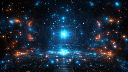 Obraz premium Futuristic digital space, glowing circuit board, particles, technology background, website banner