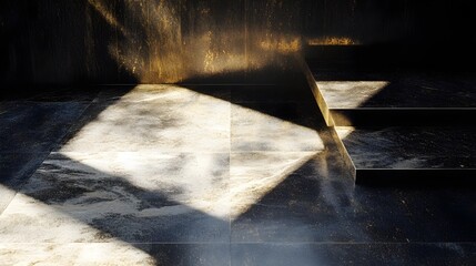 Architectural Interior with Sunlight on Dark Tiled Floor and Staircase in Elegant Geometric Design