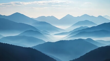 Obraz premium Layered mountain silhouettes under a blue sky minimalist landscape art style