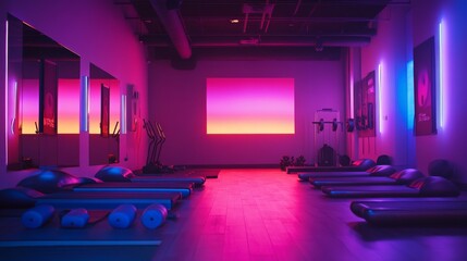 Modern fitness studio interior with vibrant lighting