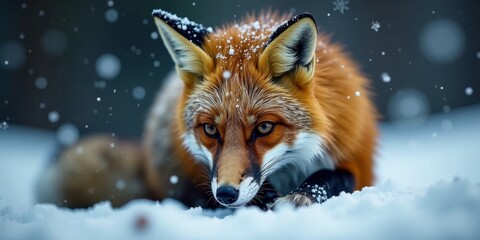 Obraz premium A Red Fox in a Winter Wonderland, Snowflakes Gently Falling, a Moment of Serene Beauty Captured in Nature's Embrace