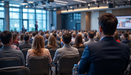Fototapeta premium Professional Business Conference - Audience Listening to Speaker in Modern Venue.