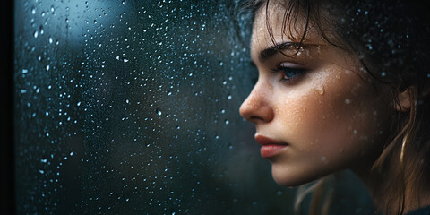Young Woman Looking Through Window on Rainy Day | Portrait of Thoughtful Woman
