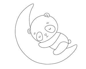 Cute panda sleep on moon, vector line illustration for coloring book, Outline animal, drawing