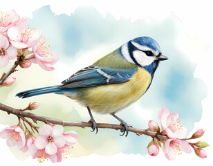 Naklejka premium • A realistic watercolor illustration of a European Blue Tit perched on a delicate tree branch. The bird is surrounded by soft, pastel-colored blossoms of apple blossoms, with hints of pink .