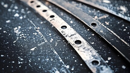 Closeup of weathered metal straps with holes, industrial texture for backgrounds, rough metallic surface detail