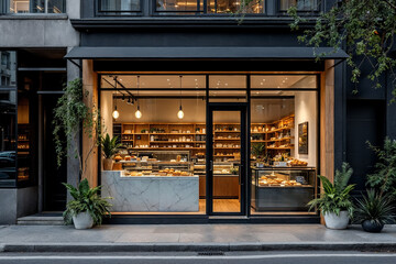 Modern bakery facade with inviting interior showcasing artisan bread and pastries in a contemporary urban district