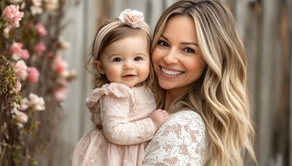 Obraz premium Mother and baby girl portrait, floral backdrop, smiling