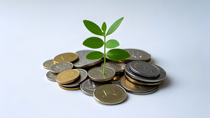 A small tree grows from a pile of coins, symbolizing finance and growth. and the connection between nature and finance.
