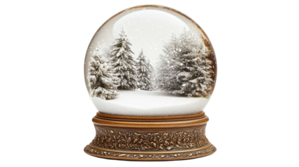 Enchanted winter wonderland in a snow globe showcasing serene pine trees