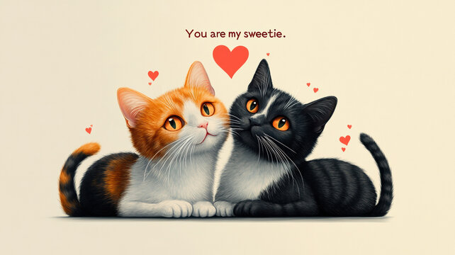 A delightful illustration of two smiling cats in love, surrounded by hearts. The text reads "You are my sweetie," creating a warm and affectionate design.