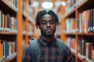 Handsome Black student guy in casual wear with backpack standing in library against background of bookshelves
