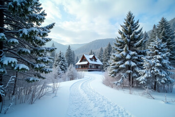 Lonely cabin in snowy mountainous landscape