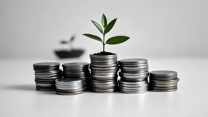 A small tree grows from a pile of coins, symbolizing finance and growth. and the connection between nature and finance.