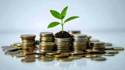 A small tree grows from a pile of coins, symbolizing finance and growth. and the connection between nature and finance.