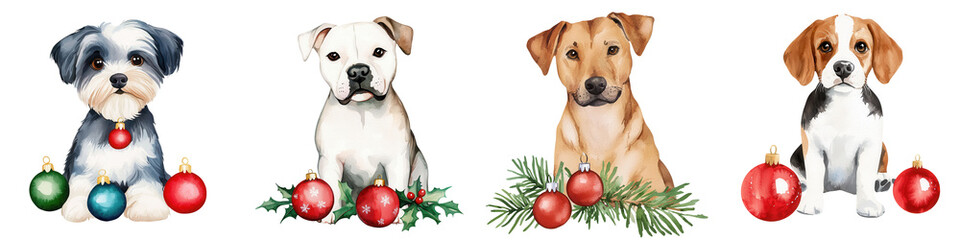 Festive dogs with ornaments and greenery, perfect for holiday designs, isolated on transparent background.