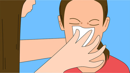 Mother helps child blow his nose illustration 