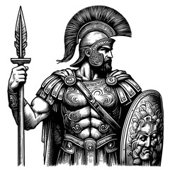 Obraz premium ancient Roman warrior in armor, holding a spear and decorated shield, symbolizing strength and valor engraving generative ai sketch PNG illustration