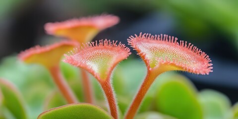 Three red flowers with green stems. The flowers are very close to the camera. The flowers are very small and have a fuzzy texture