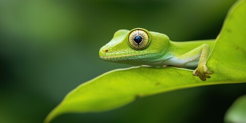 Fototapeta premium A green lizard is on a leaf. The lizard is looking at the camera. The leaf is green and has a few spots