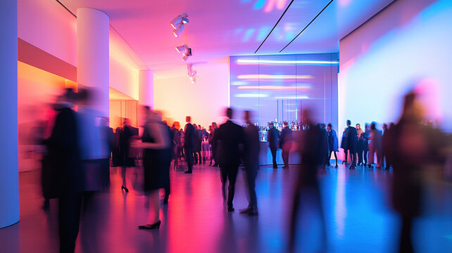 A blurred reception area at a corporate event, with elegantly dressed attendees fading into the background, showcasing modern decor and a sleek registration desk.