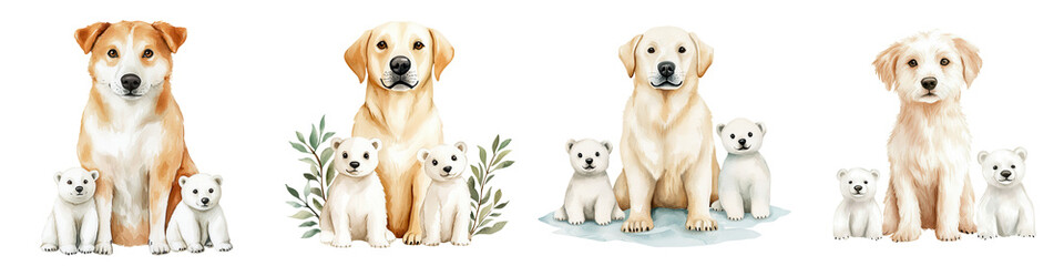 Fototapeta premium Cute dogs with polar bear cubs in watercolor style, perfect for kids decor, isolated on transparent background.