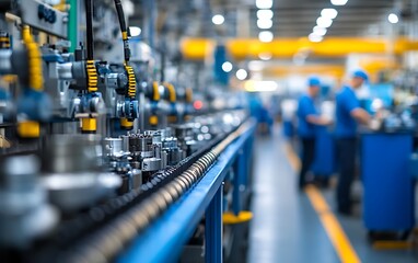 Fototapeta premium Factory assembly line with workers in the background