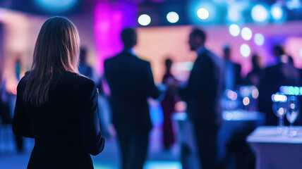 A blurred reception area at a corporate event, with elegantly dressed attendees fading into the background, showcasing modern decor and a sleek registration desk.